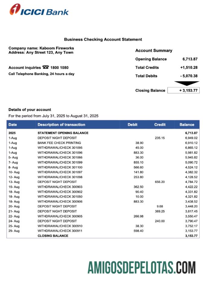 Baixável Paquistão ICICI Firm modelo de extrato de conta Word e PDF